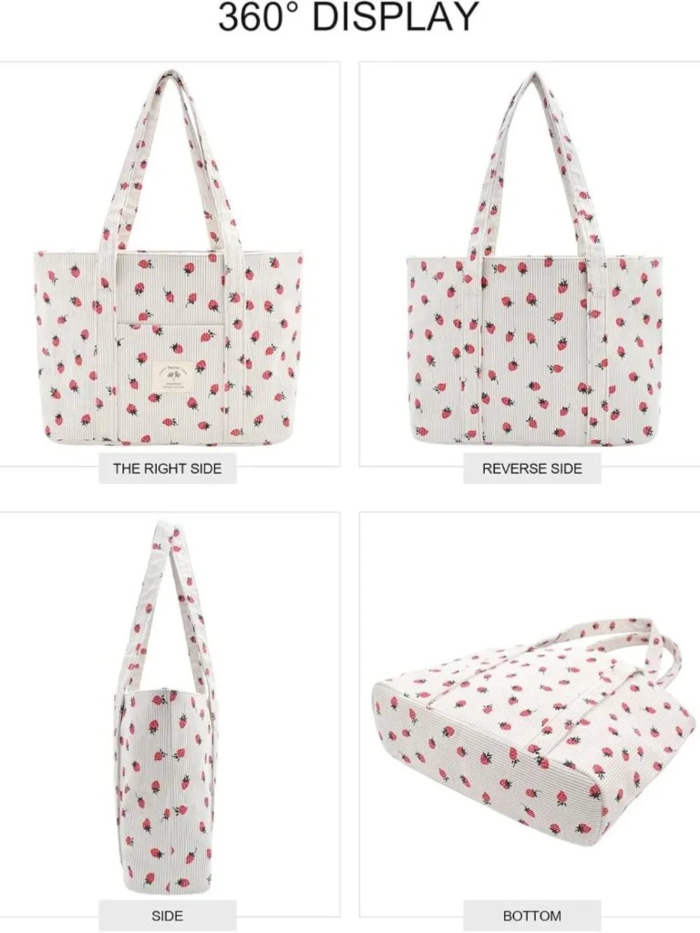 Stylish Large Corduroy Tote Bag - Zippered Shoulder Bag with Pockets for Women